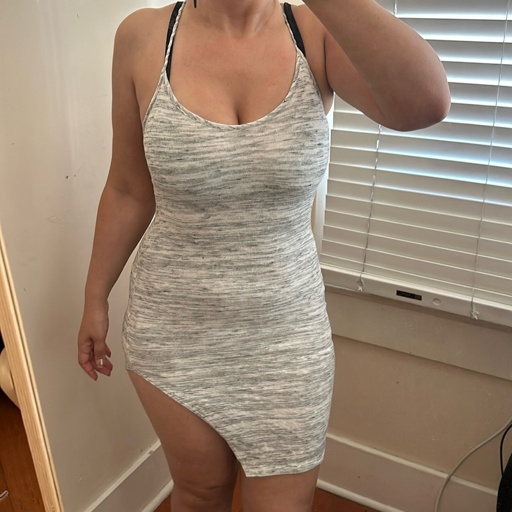 Sleeveless Asymmetrical Slit Hemline Grey Bodycon Dress Thin Straps Criss Cross